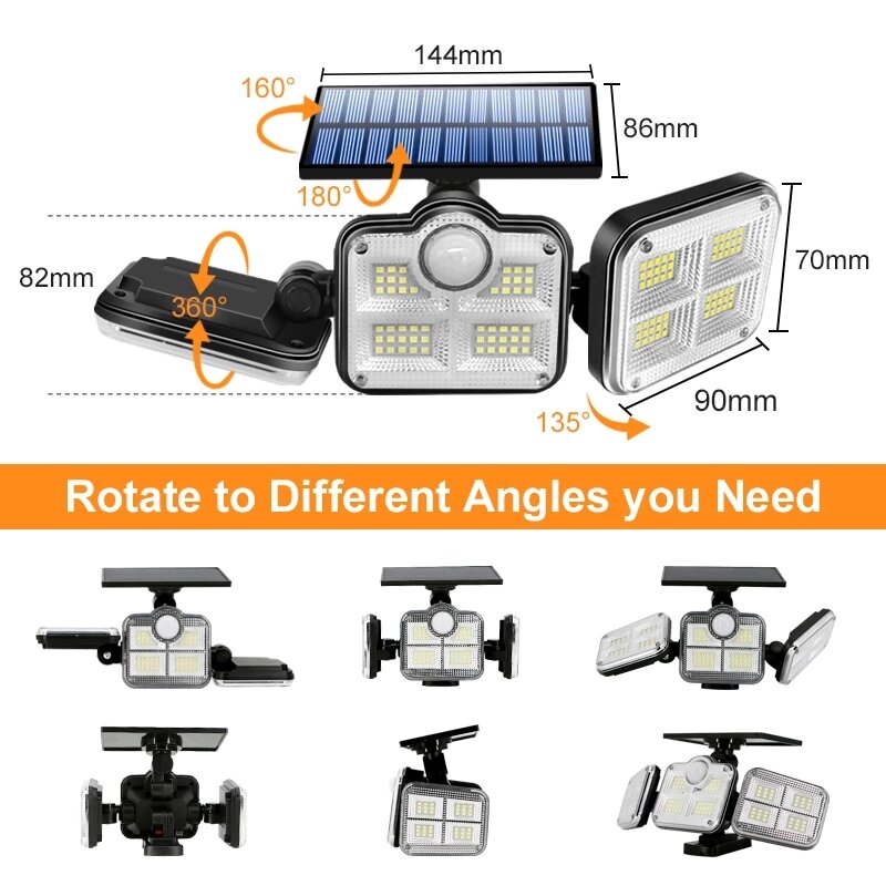 108/122/138/171 LED Solar Lights - 3 Head Motion Sensor, 270 Degree Wide Angle, Waterproof, Remote Control Wall Lamp