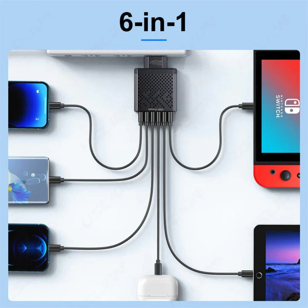 6-Port USB-Ladegerät QC3.0 Schnellladeadapter EU-Stecker für iPhone, Xiaomi, Huawei, Samsung