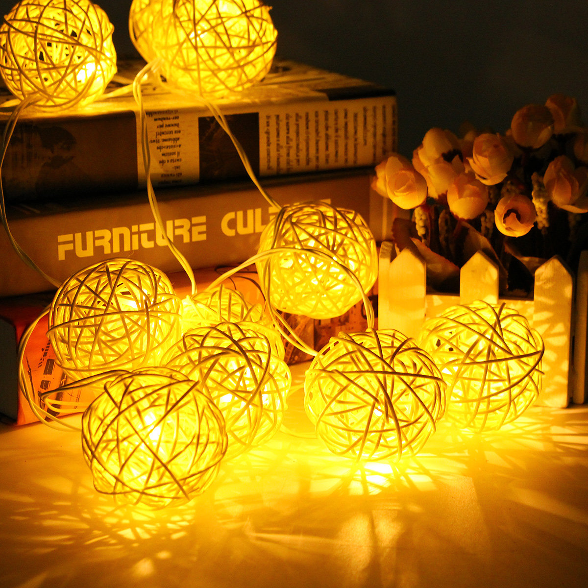 20 LED Rattan Ball String Lights - Colorful Fairy Lamps for Home, Garden, Wedding, Party, Xmas Decor