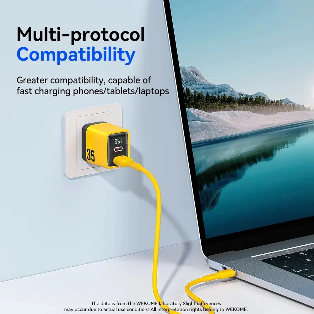 35 W GaN USB PD-Ladegerät, 2-Port USB-A/USB-C, Schnellladung, Digitalanzeige, EU-Stecker