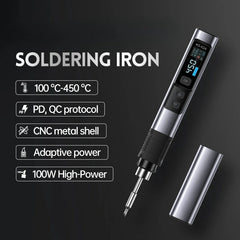 High-Power 100W Smart Soldering Iron, Quick Charge, 180-842°F, 0.96" HD Screen