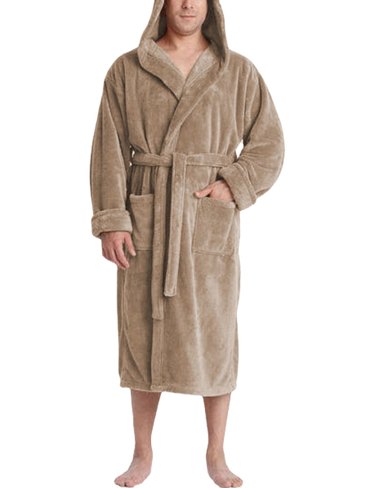 Warmer Herren-Bademantel aus einfarbigem Flanell mit Kapuze und Schnürverschluss