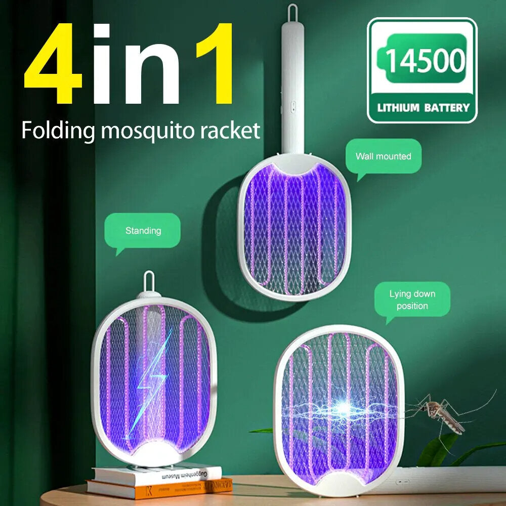 4-in-1 Foldable Electric Mosquito Swatter with UV Light, USB Rechargeable, 5W, Dual Safety Switch for Home & Outdoor Use