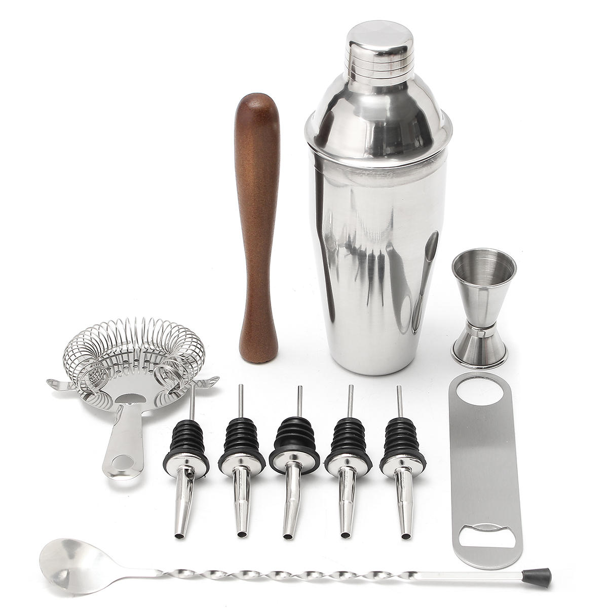 11-Piece Stainless Steel Bartender Set: Cocktail Shaker, Mixer, Martini Muddler, Pourer, Strainer