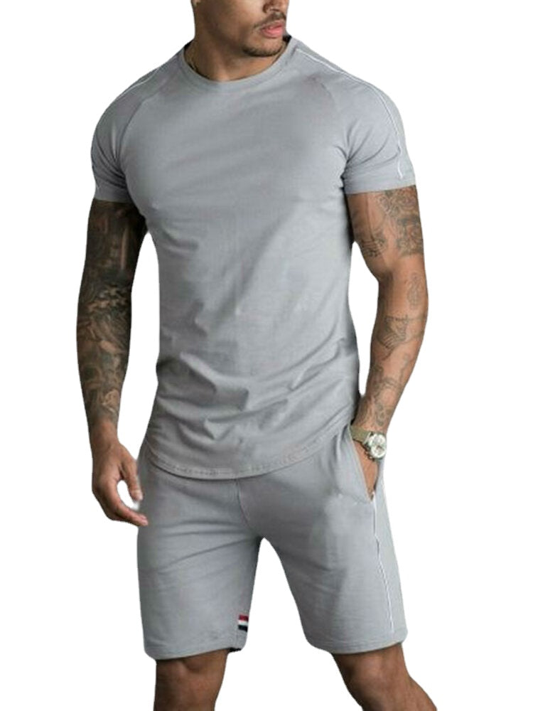 Men's Short Sleeve Striped Pocket Shorts Solid Color Two-Piece Tracksuit