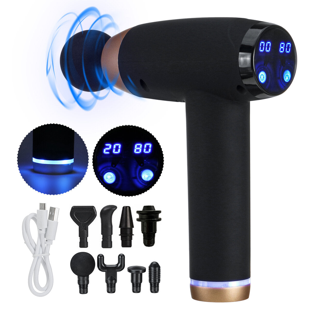 12V Matte LCD Percussion Massager, USB, 7200r/min, 20 Speed, 8 Heads, Muscle Relief & Sport Recovery