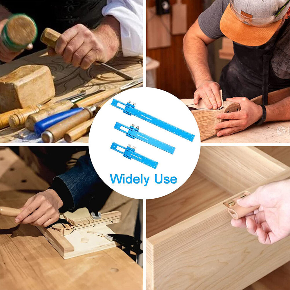 3pcs Aluminum Woodworking Rulers Set with Slide Stop - Precision Metal T-Track Square Ruler for Measuring and Scribing, Inch & Metric