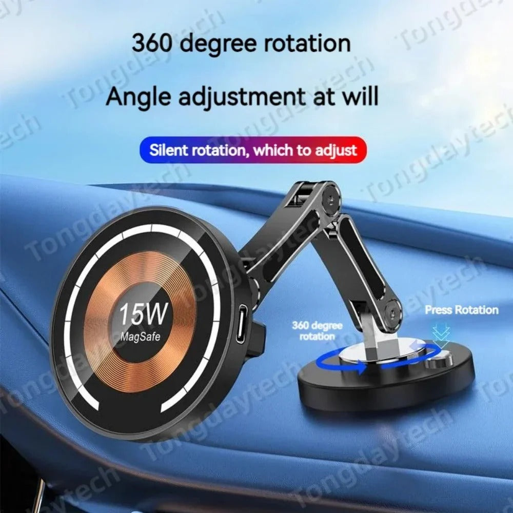 15W Magnetic Car Wireless Charger with 360 Degree Foldable Stand for iPhone & Samsung