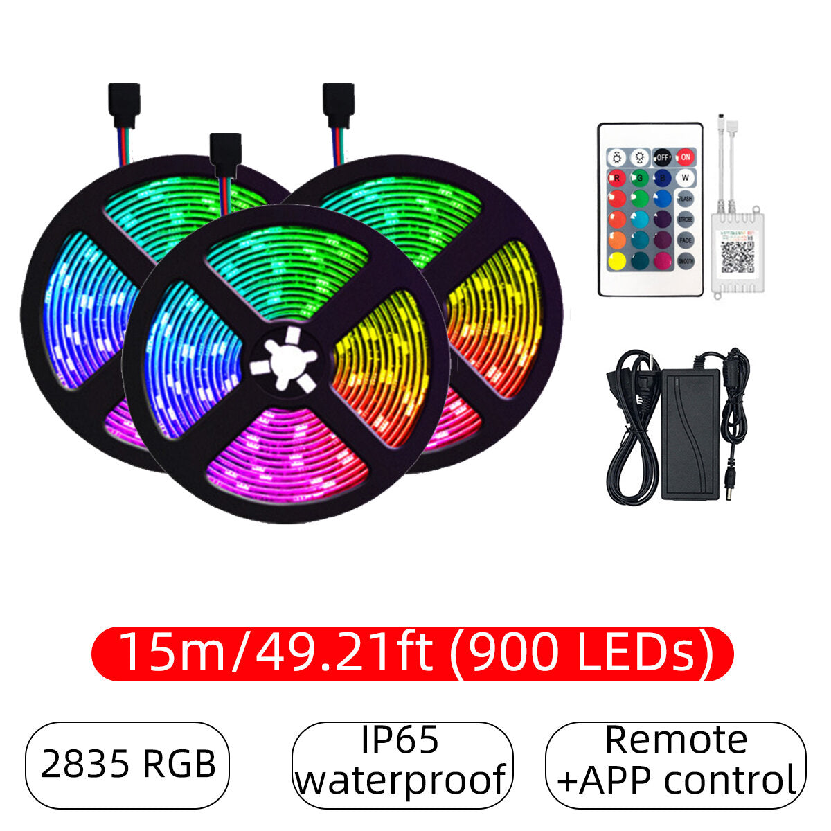 10/15M 600/900 LED Waterproof 2835RGB Strip Light, 24-Key Remote & APP Control, Christmas Decorations Clearance