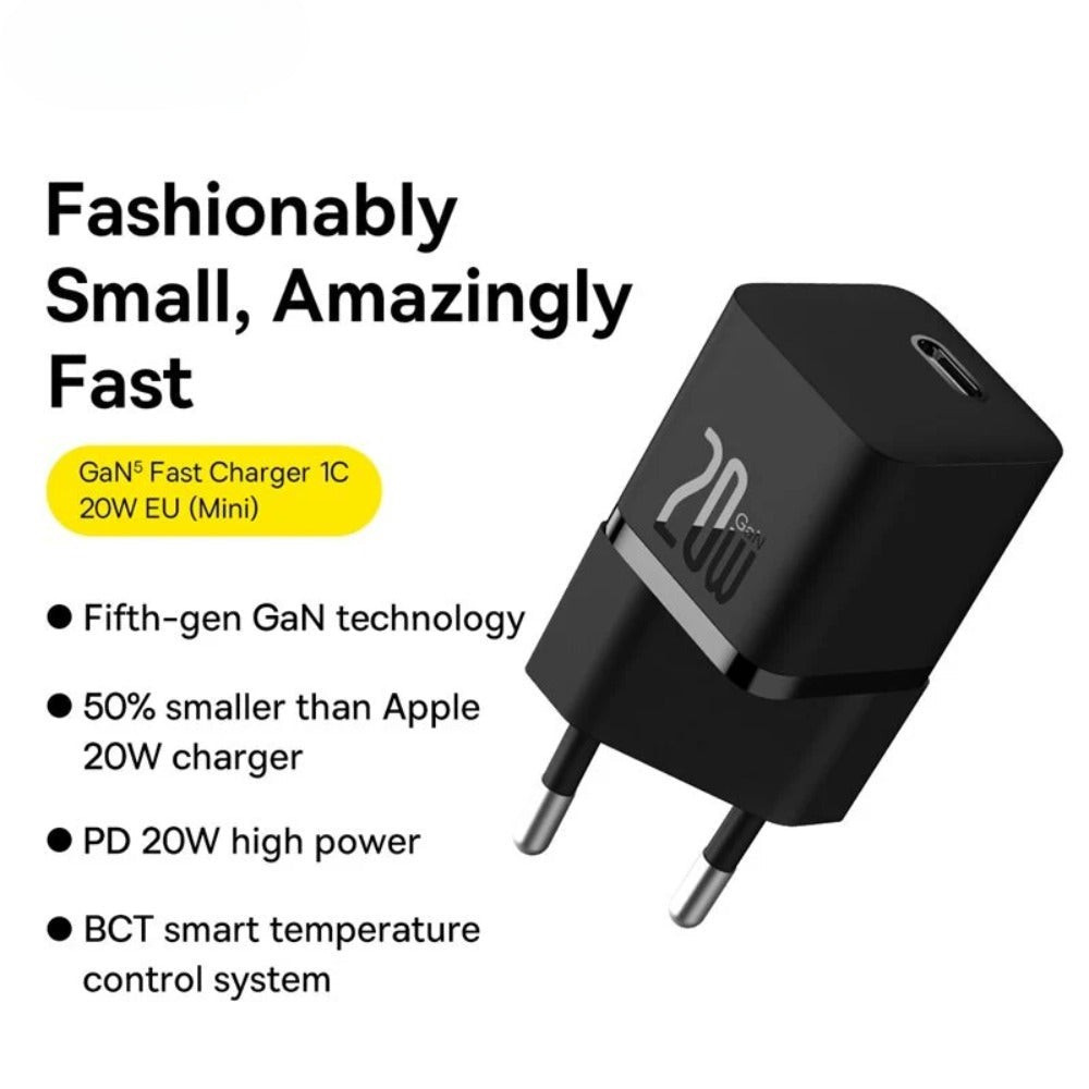 GaN5 20W USB-C PD Schnellladegerät-Adapter EU-Stecker für iPhone, Huawei, Samsung, Xiaomi