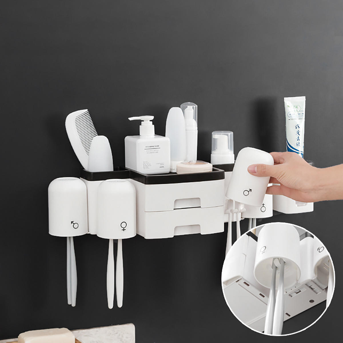 Wall-Mounted Toothbrush Rack with Mouthwash Cup, 2 Drawers, and Toothpaste Extruder - Hole-Free Installation