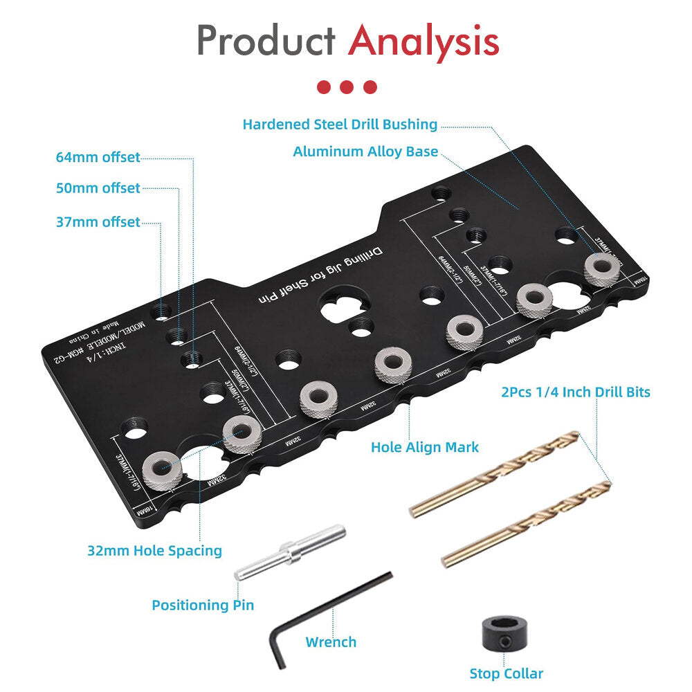 Adjustable Aluminum Alloy Cabinet Hardware Jig with 2 PCS 1/4 Inch Drill Bits - Woodworking Shelf Pin & Pocket Hole Guide