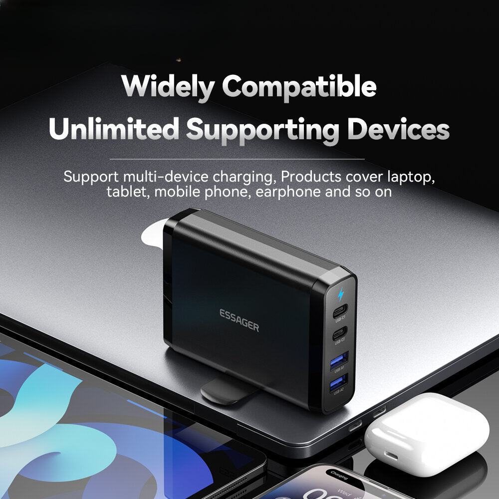 100W GaN 4-Port USB PD Charger: 2 USB-C & 2 USB-A Fast Charging Adapter for iPhone, Samsung, Huawei, Oppo