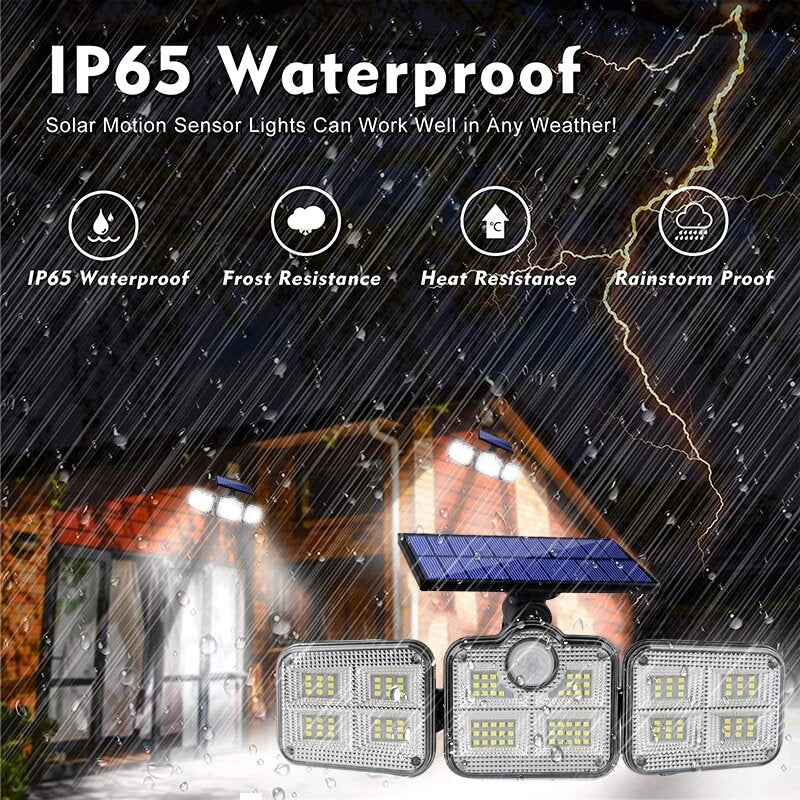 108/122/138/171 LED Solar Lights - 3 Head Motion Sensor, 270 Degree Wide Angle, Waterproof, Remote Control Wall Lamp