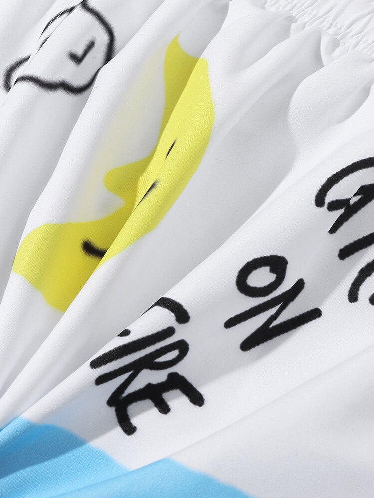Atmungsaktive Strand-Boardshorts für Herren mit Cartoon-Graffiti-Print und Netzfutter – lockere Passform, dünn, Urlaubskleidung