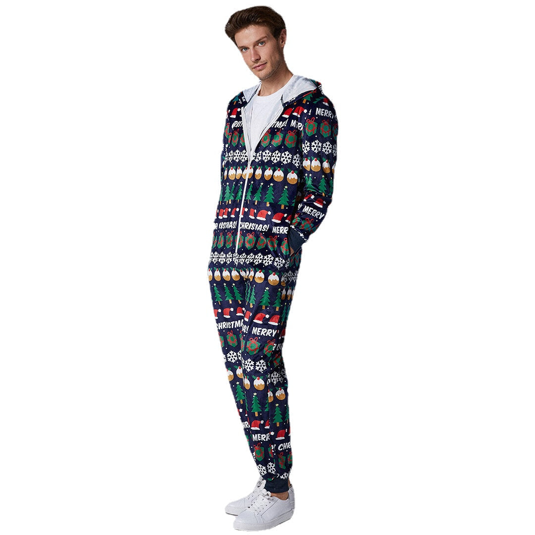 Men's Christmas Pattern Hooded Onesie Pajama Set - Holiday Loungewear with Zip Down Design