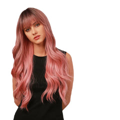 28" Brown Gradient Pink Curly Wig with Air Bangs - Big Wave Length, Full Head Cover, Perfect for Christmas