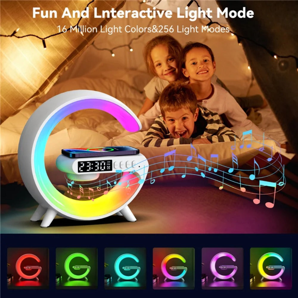 Wireless Charger Stand Speaker with RGB Night Light, Alarm Clock, Fast Charging for iPhone, Samsung, Xiaomi