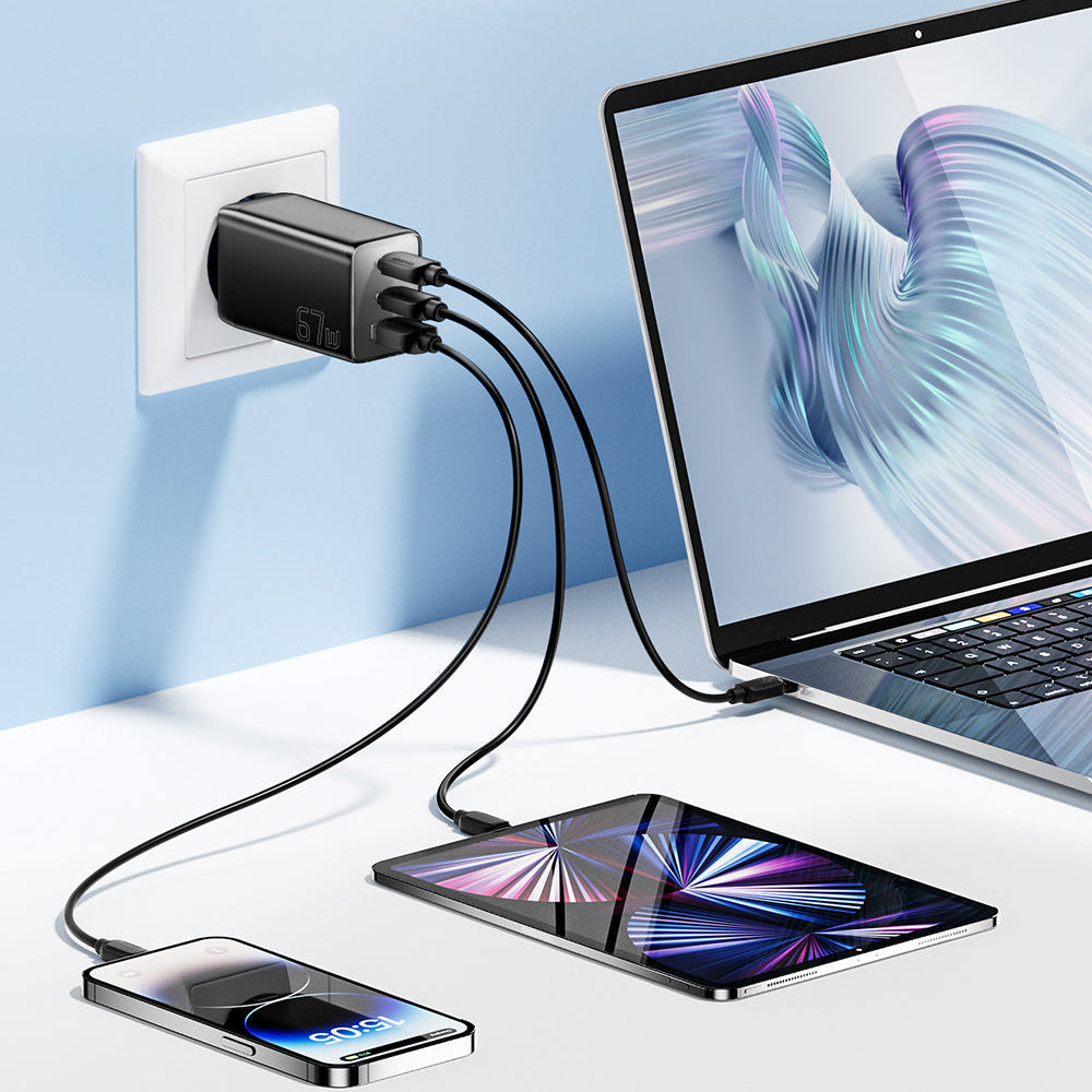 67W GaN 3-Port USB PD Charger: Fast Charging Adapter with 2 USB-C & 1 USB-A for iPhone, Xiaomi, Huawei, Samsung