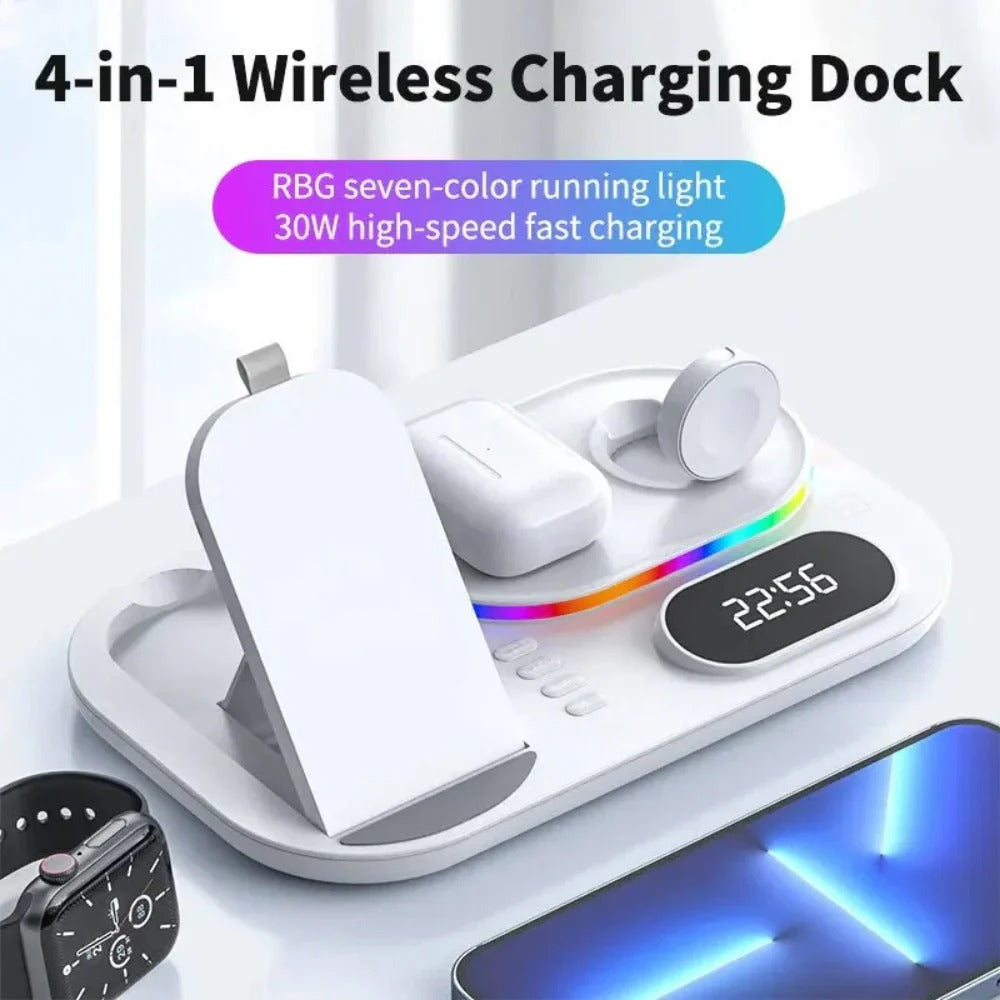 15W 4-in-1 Wireless Charger with Digital Clock & RGB Lights for iPhone, Samsung, Huawei, Xiaomi, AirPods, Apple Watch