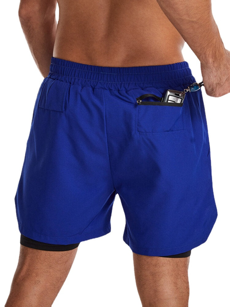 Men's Quick Dry Double Layered Sports Running Board Shorts - Solid Color, Stretch, Casual