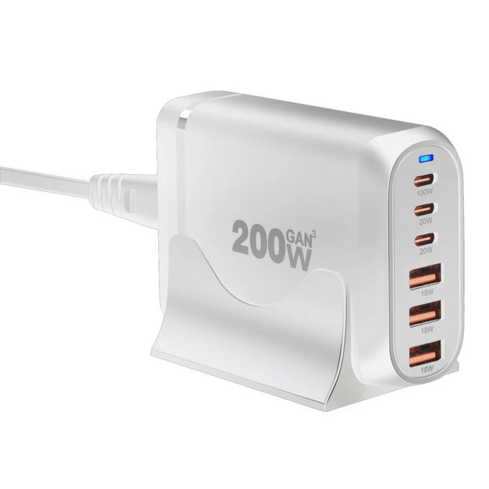 200W 6-Port GaN USB PD Charger: 2 USB-A + 4 USB-C Fast Charging for iPhone, Huawei, Samsung, MacBook