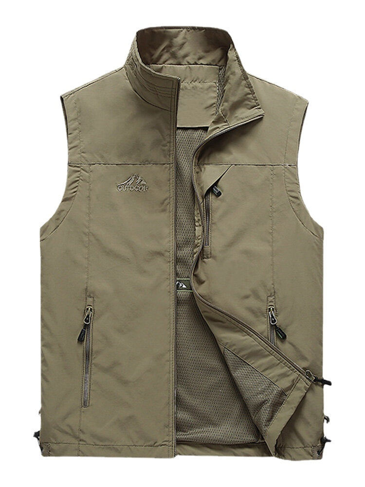 Men's High Collar Outdoor Sports Warm Vest with Zipper and Multi-Pockets