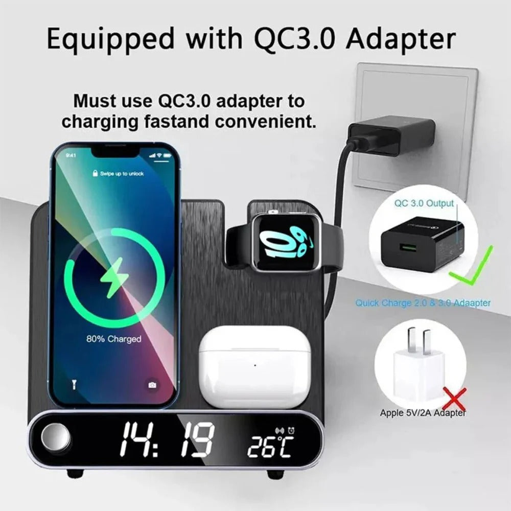 15W 3-in-1 Wireless Charger & Alarm Clock for iPhone, Samsung, Huawei, AirPods, iWatch