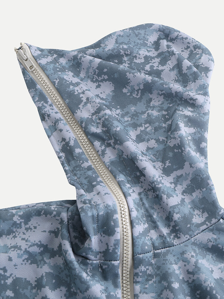 Men's Gray Camo Thermal Hooded Loungewear Jumpsuit with Pockets - Zip Down, Loose Fit Pajamas