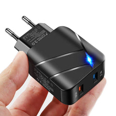 28W 2-Port USB PD Ladegerät QC3.0 Schnellladeadapter EU-Stecker für iPhone, Huawei, Samsung