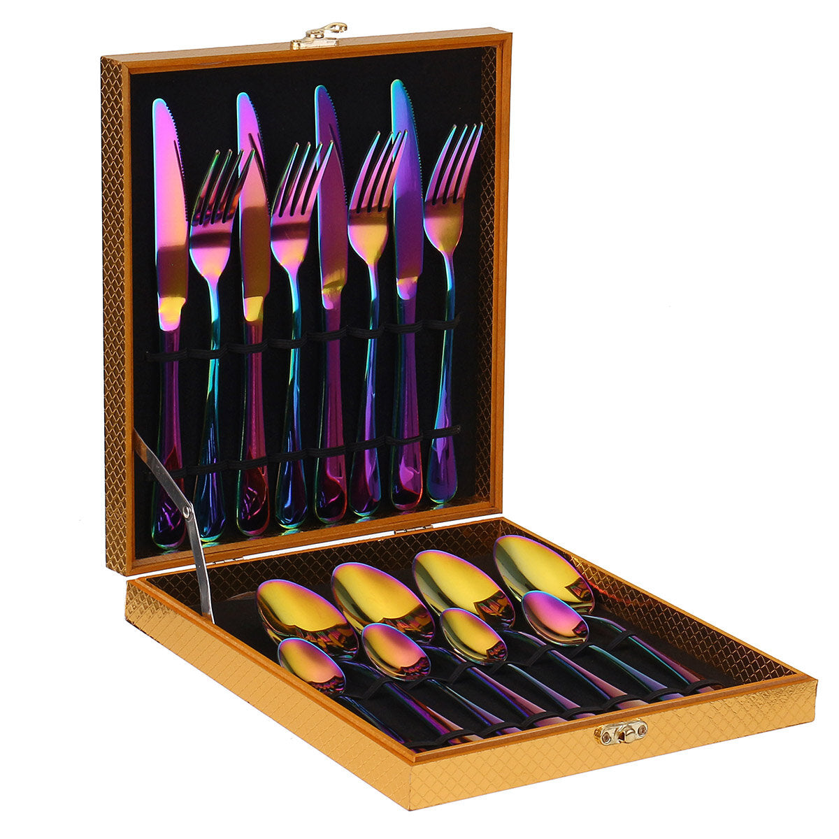 16PCS Stainless Steel Rainbow Cutlery Set - Forks, Spoons, Dinnerware with Storage Box