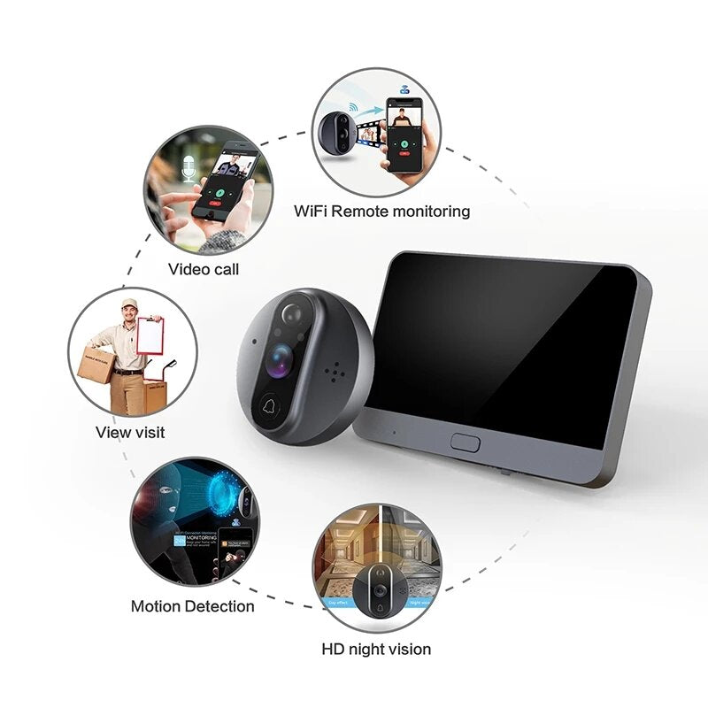 4.3" HD Smart WiFi Video Doorbell with PIR Detection, 160 Degree Wide Angle, IR Night Vision, Home Security Camera