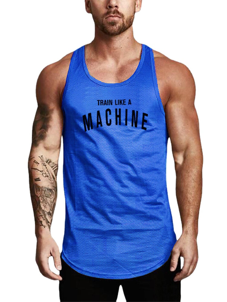 Men's Fitness Workout Tank Tops - Round Neck, Printed Design