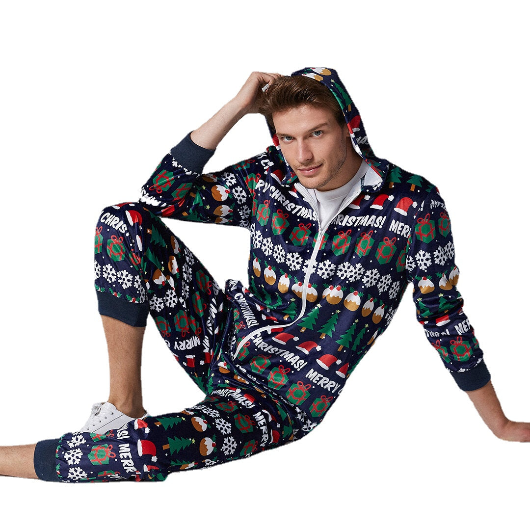 Men's Christmas Pattern Hooded Onesie Pajama Set - Holiday Loungewear with Zip Down Design