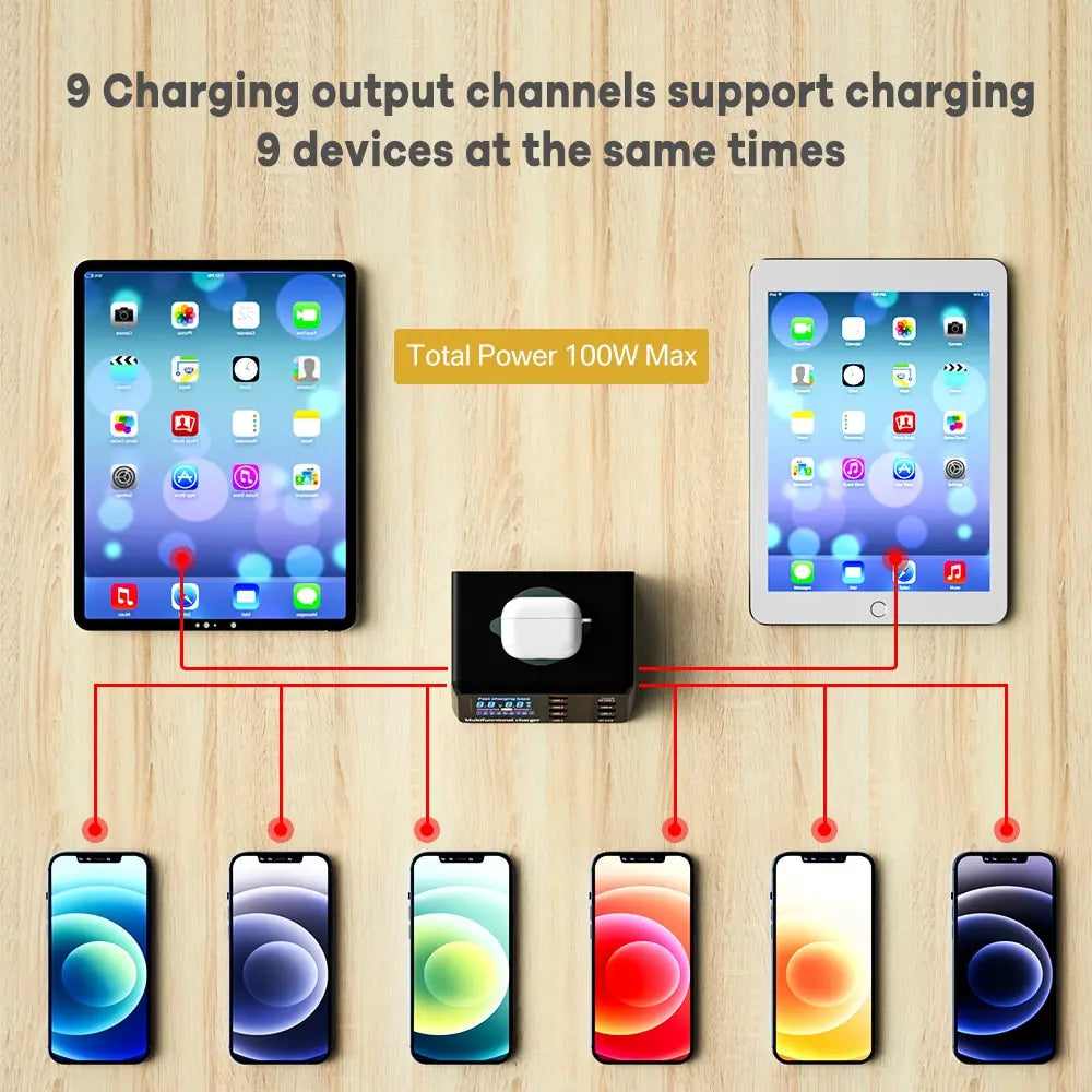 100W 8-Port USB Charger Station with Wireless Charging & Digital Display QC3.0 PD3.0 for iPhone 14/13, Xiaomi