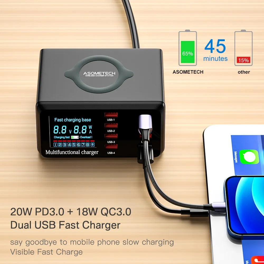 100W 8-Port USB Charger Station with Wireless Charging & Digital Display QC3.0 PD3.0 for iPhone 14/13, Xiaomi