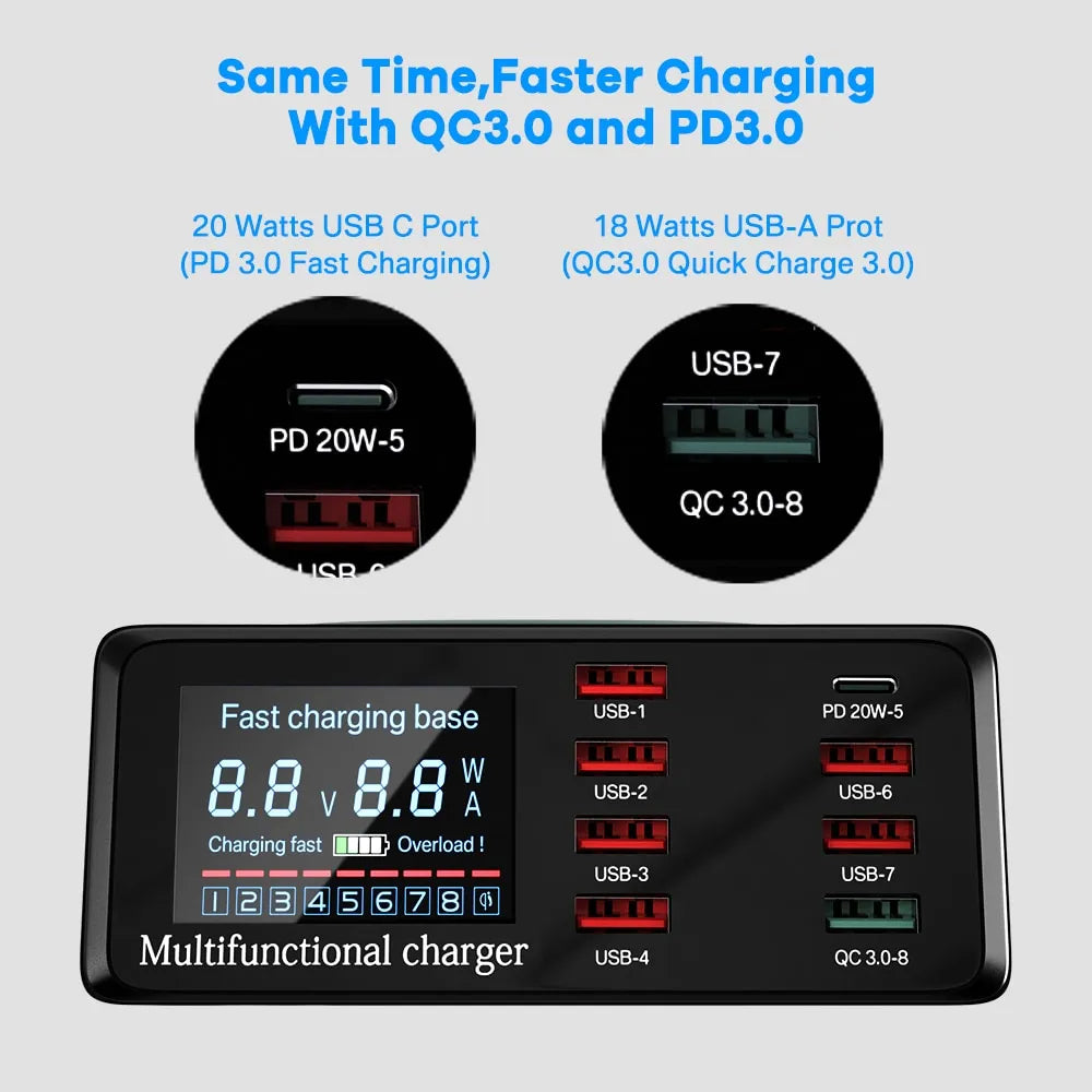 100W 8-Port USB-Ladestation mit kabellosem Laden und Digitalanzeige QC3.0 PD3.0 für iPhone 14/13, Xiaomi