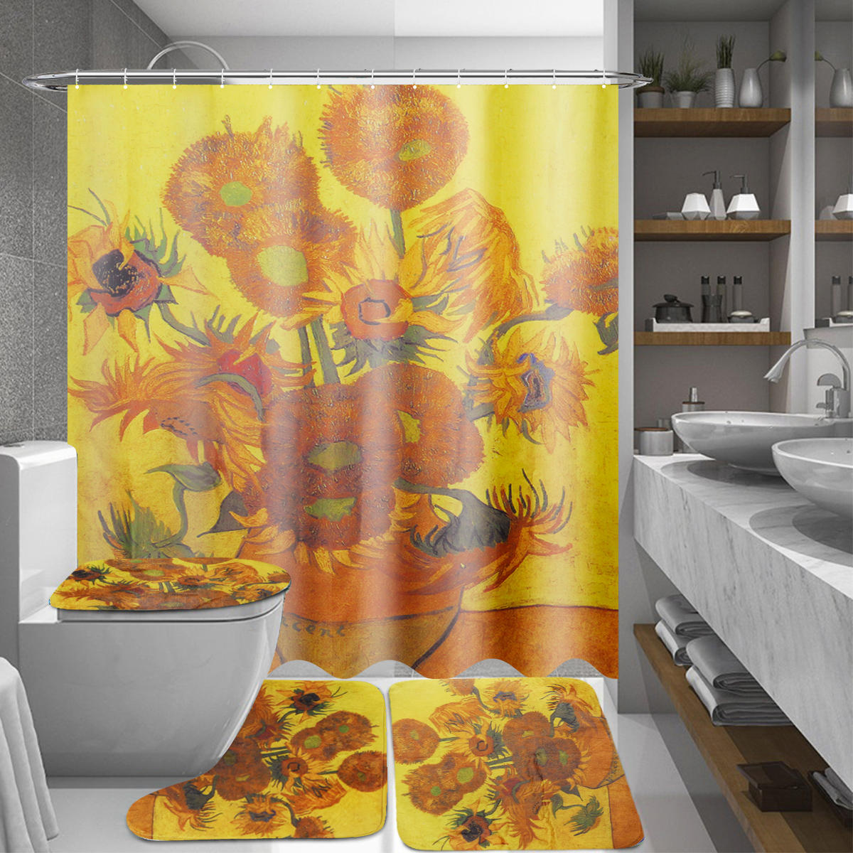 180x180cm Sunflower Shower Curtain Set - Waterproof Fabric with Toilet Lid Cover Mat