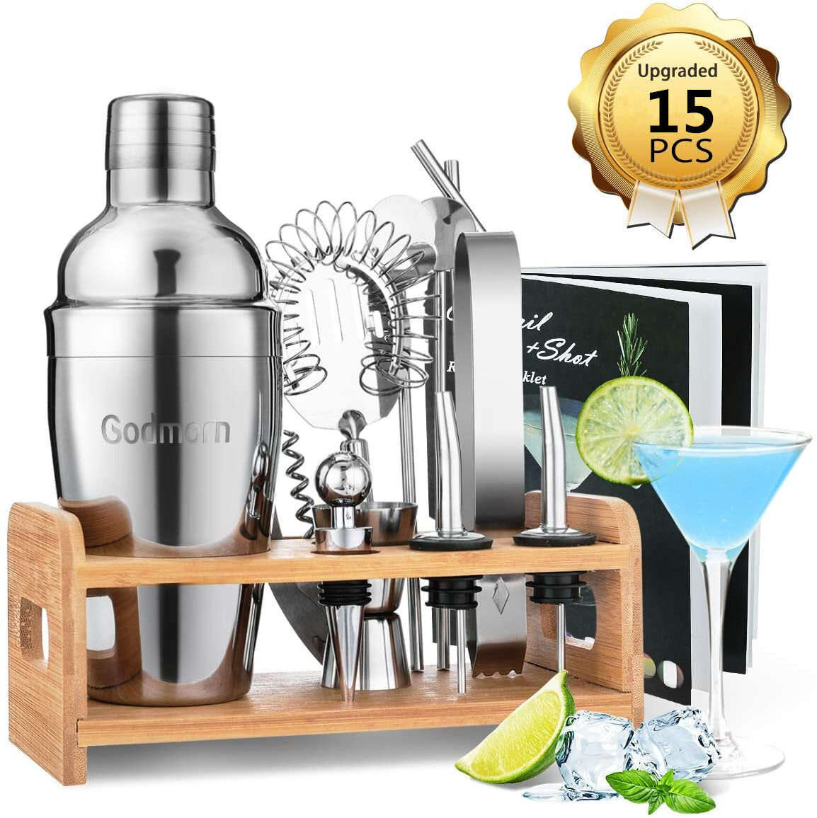 14-Piece Stainless Steel Cocktail Shaker Set with Bamboo Stand