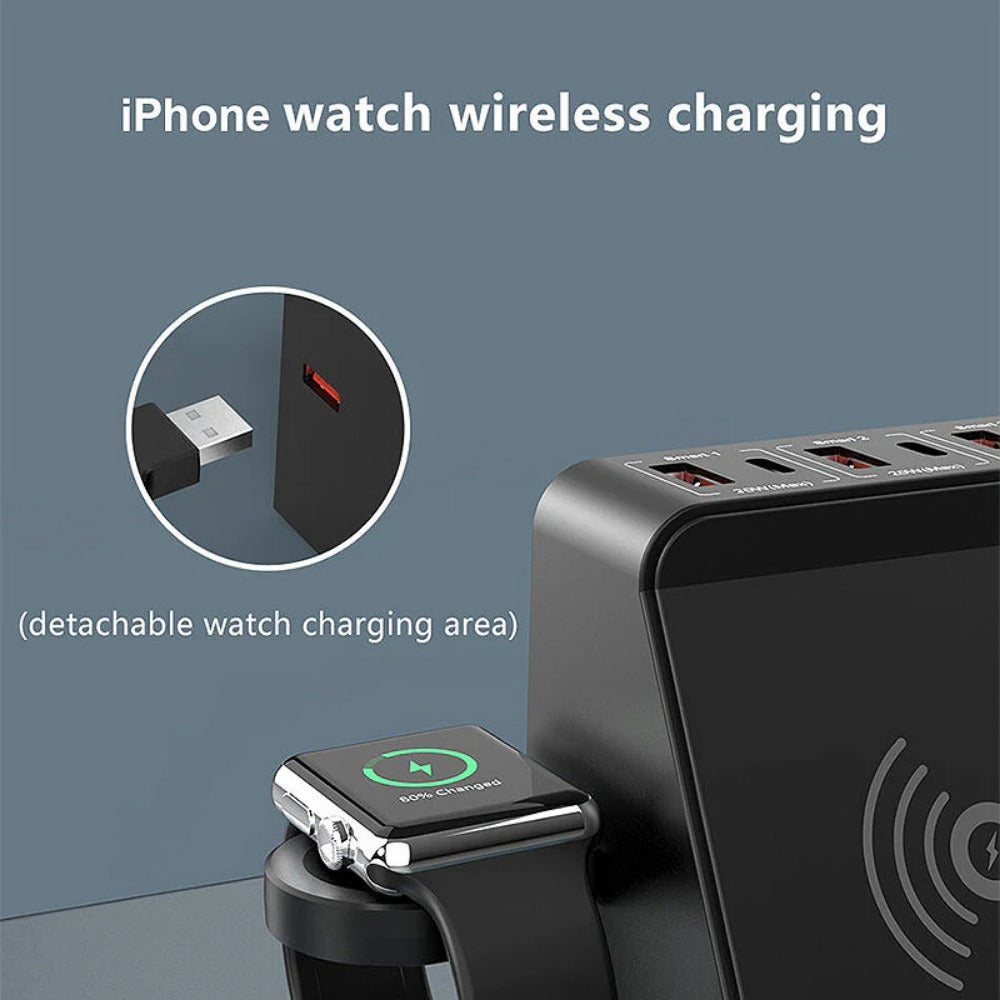 Fast Wireless Charger Pad 15W/10W/7.5W/5W with 6-Port PD20W USB-C & QC3.0 for iPhone, Samsung, Huawei, Xiaomi