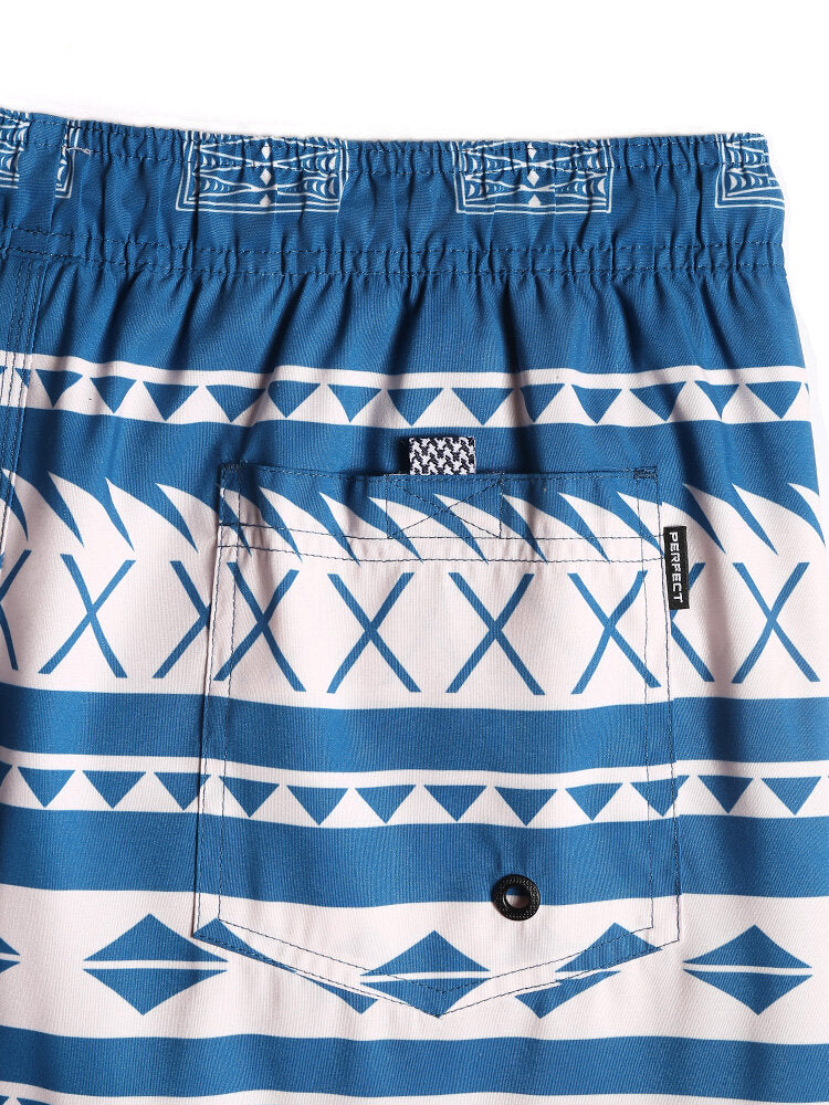 Schnelltrocknende Strandshorts für Herren mit Vintage-Geo-Print und Kordelzug in der Taille