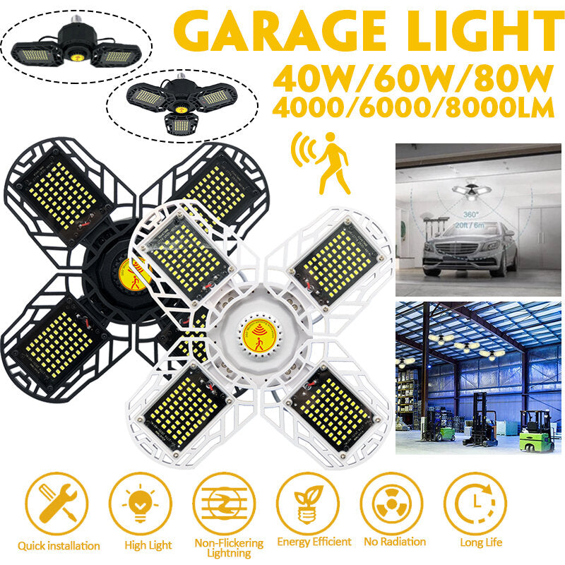 Ultra-Bright 40/60/80W Deformable LED Garage Ceiling Light, E26/E27, Motion Activated