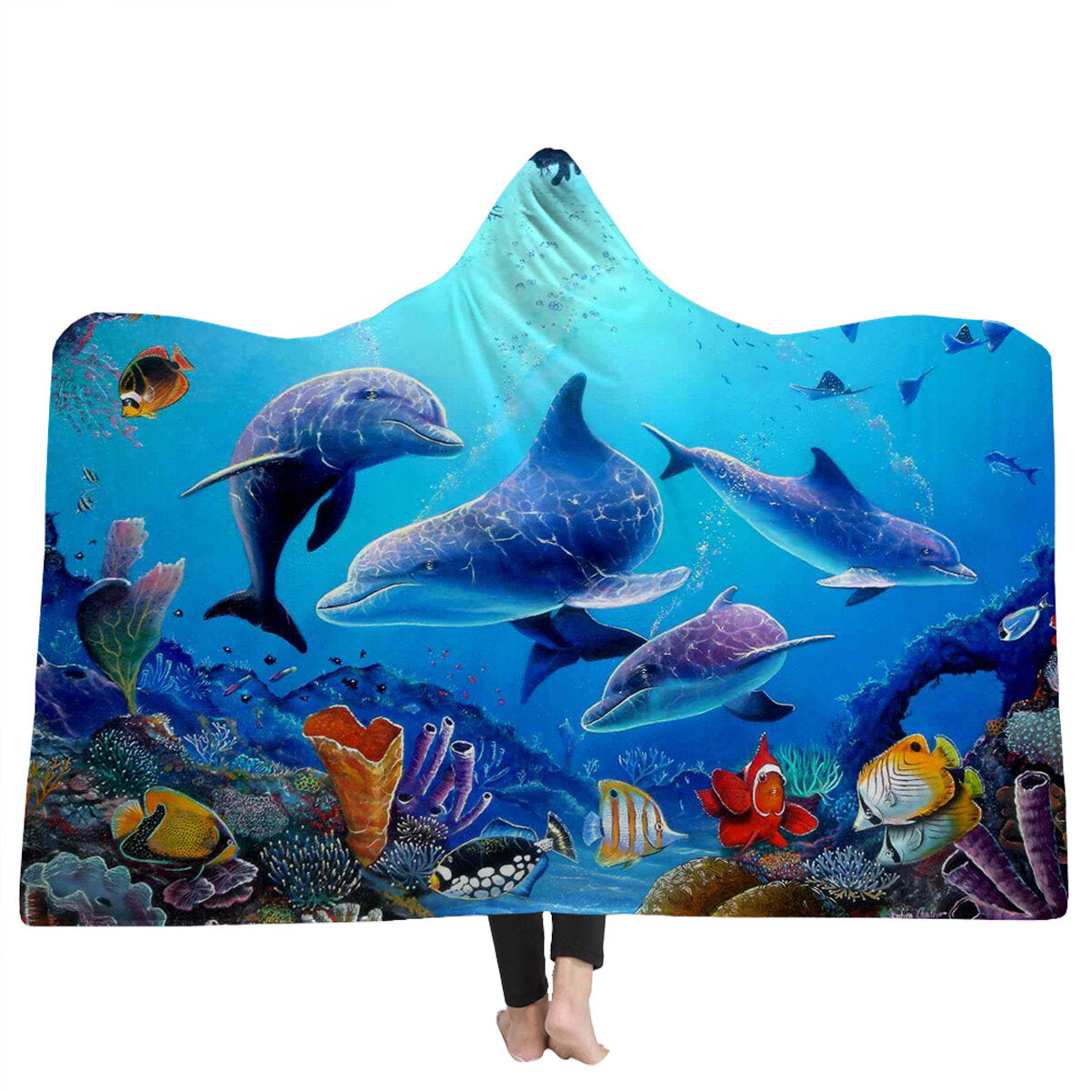 150x200cm Soft Ocean World Hooded Blanket for Kids & Adults - Wearable Throw Cloak