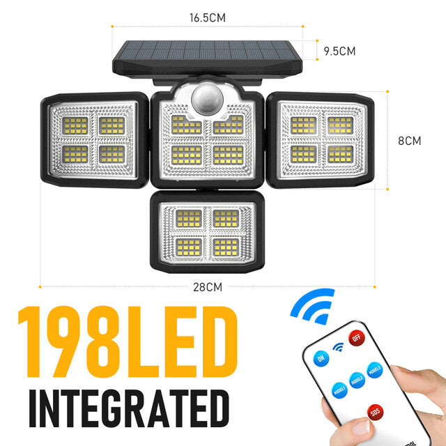 192/198 LED COB Solar Lights - 4 Head Motion Sensor, 270 Degree Wide Angle, Waterproof, Remote Control, Outdoor Garden Wall Lamp