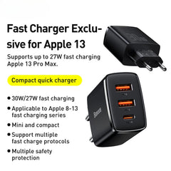 30W 3-Port USB PD Charger, Fast Charging Adapter for iPhone, Huawei, Samsung, Xiaomi