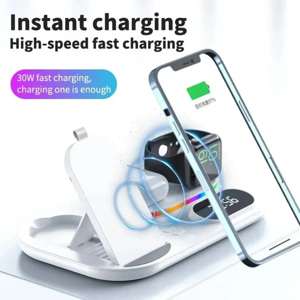 15W 4-in-1 Wireless Charger with Digital Clock & RGB Lights for iPhone, Samsung, Huawei, Xiaomi, AirPods, Apple Watch