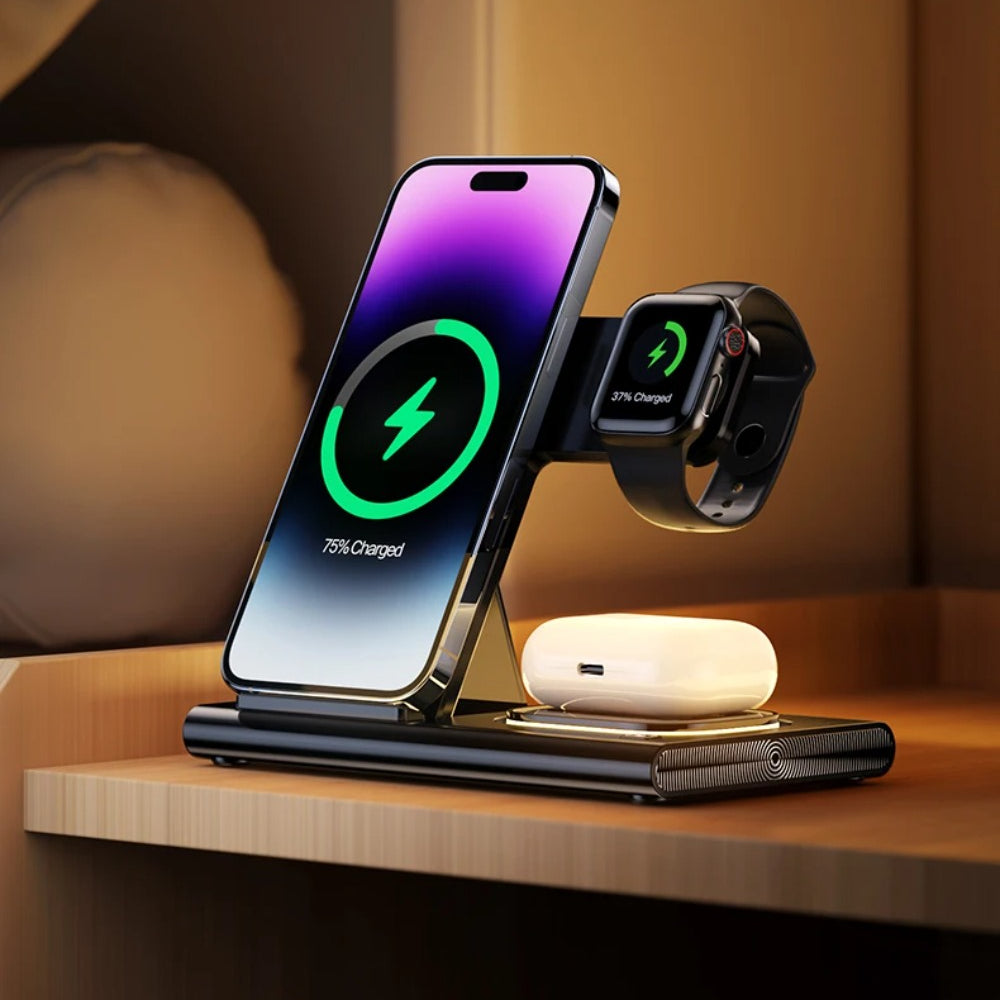 3-in-1 Wireless Charger Stand for iPhone 15/14/13/12, Samsung S23/S22, Galaxy Watch, and Buds