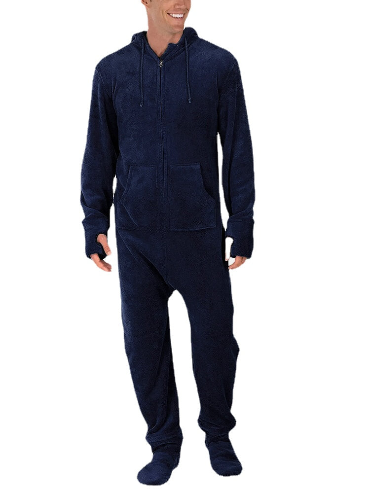 Dicker Flanell-Schlafanzug für Herren mit Kapuze, Daumenlöchern und Socken – Thermo-Loungewear