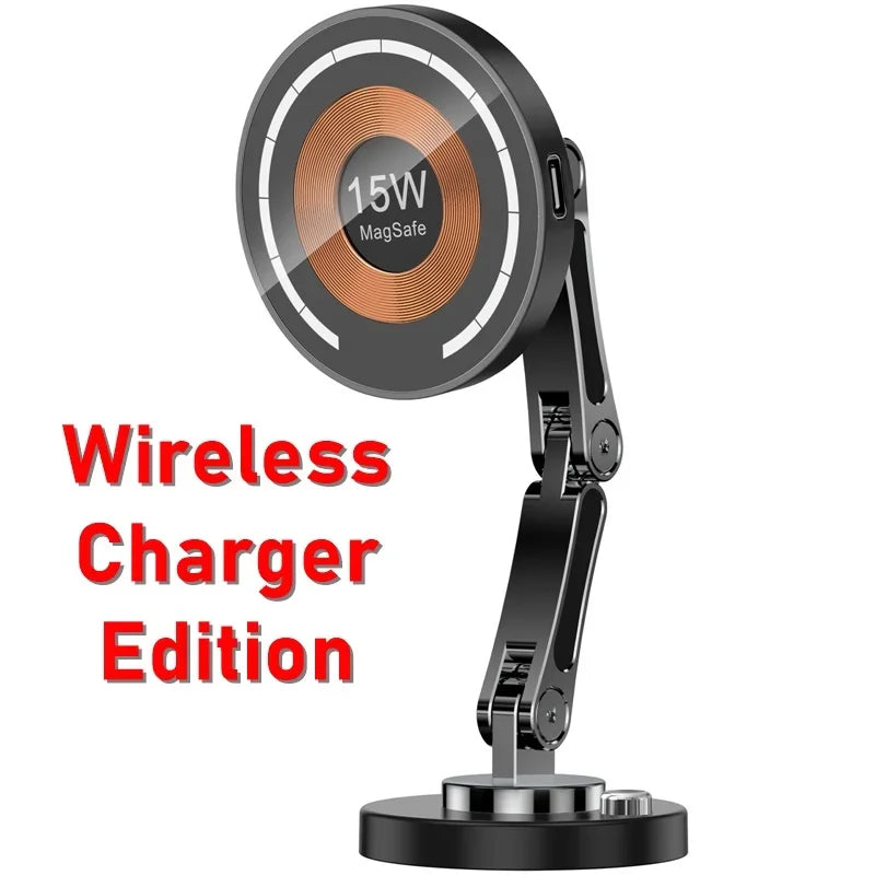 15W Magnetic Car Wireless Charger with 360 Degree Foldable Stand for iPhone & Samsung