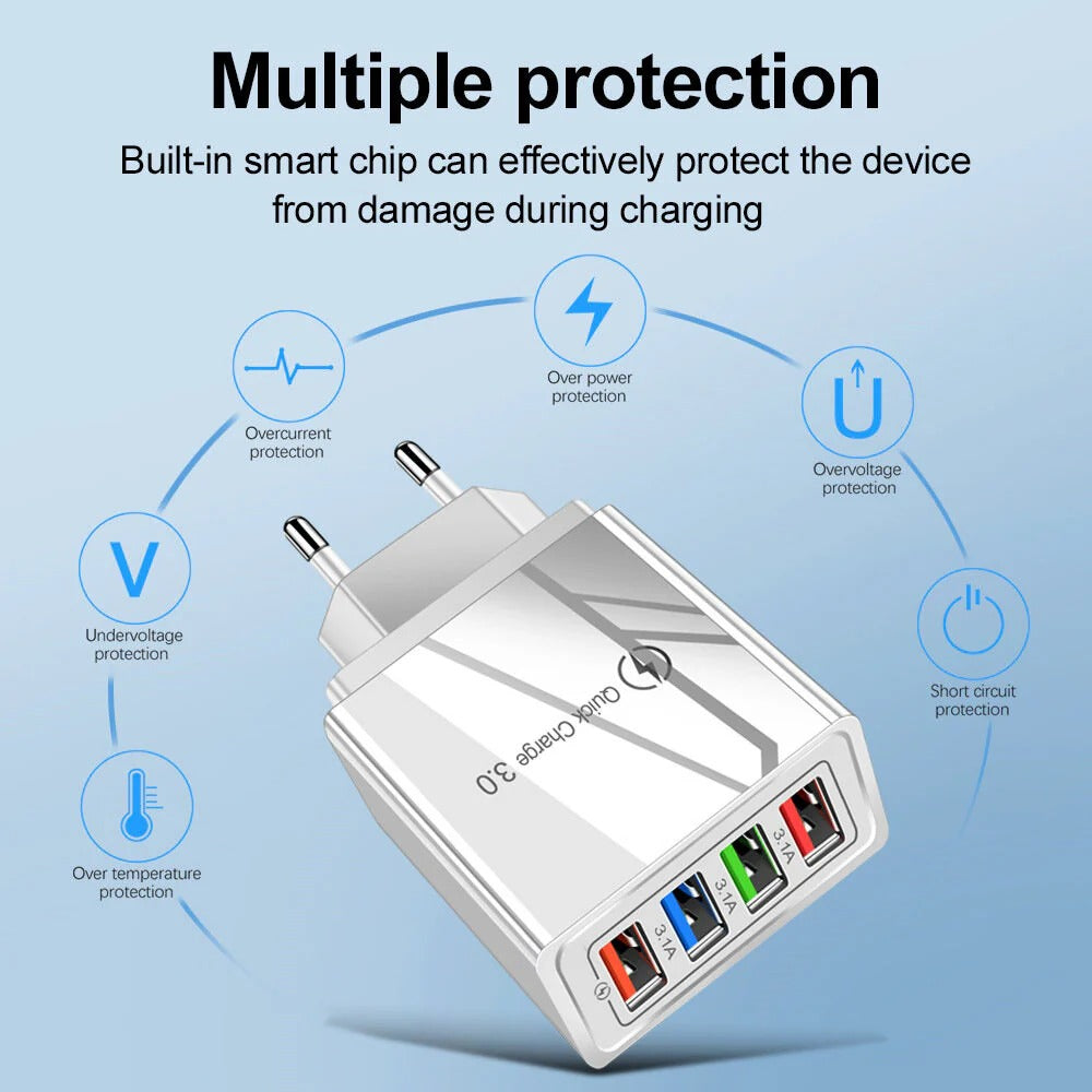 4-Port USB Fast Charger EU Adapter for iPhone 14, Samsung S22, Xiaomi, Huawei